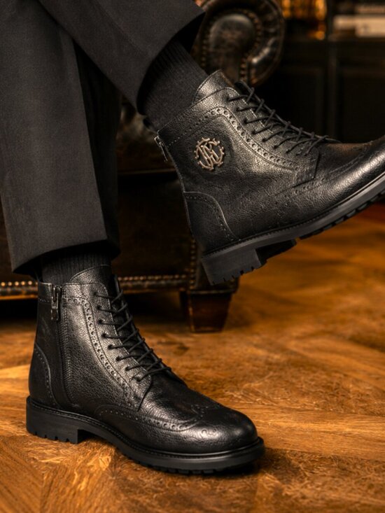 new Roberto Cavalli ankle men’s boots / black Genuine leather metal logo main image 6